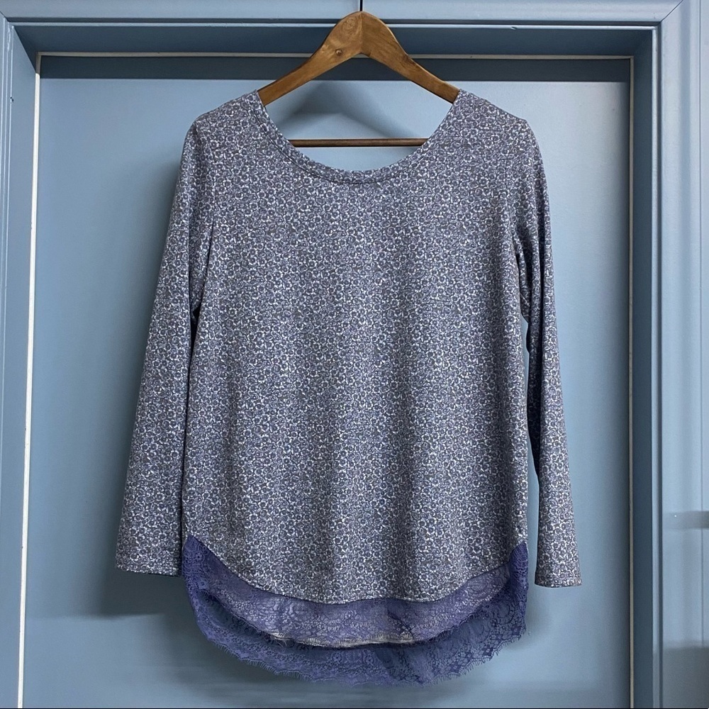 Lauren Conrad Long Sleeve Floral Blouse with Lace Detail Bow Women's S